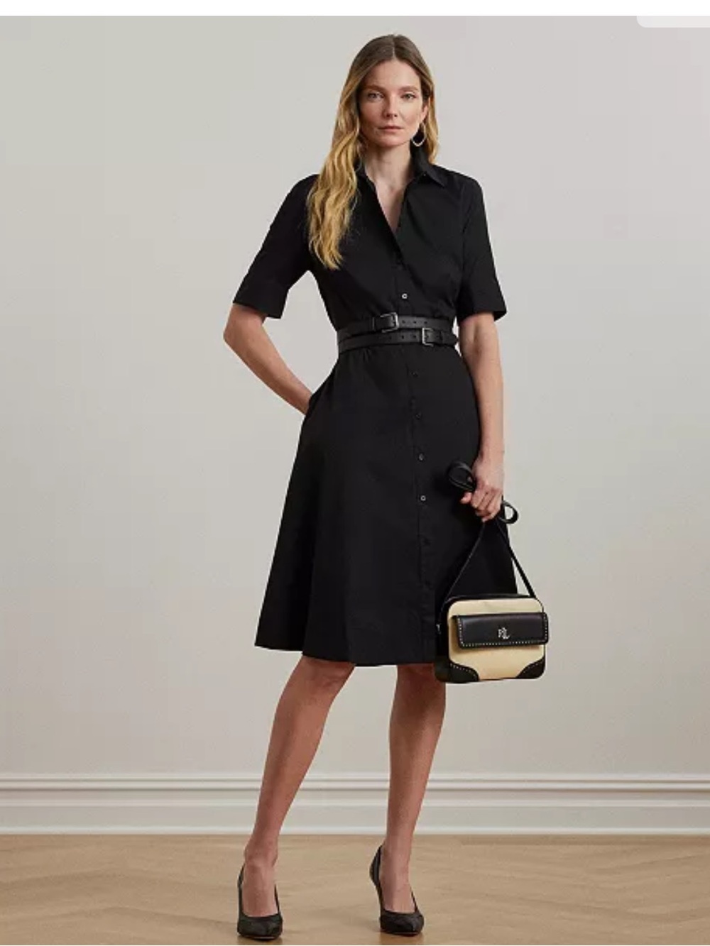 Lauren Ralph Lauren's shirt dress black classy knee length collar 8